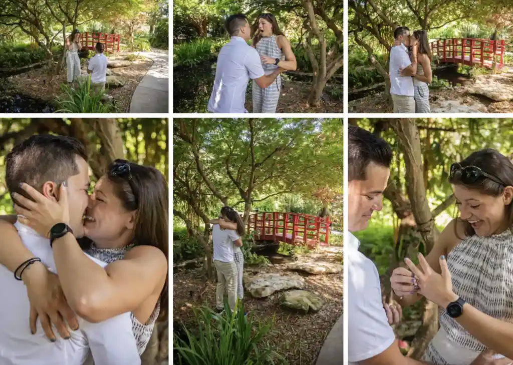 A romantic proposal scene set in a vibrant tropical garden with lush greenery, colorful palm trees, and clear blue skies.